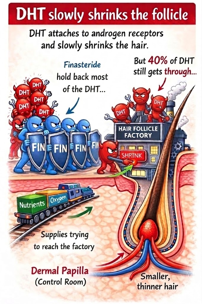 Finasteride - holds back most DHT but 40% still gets through