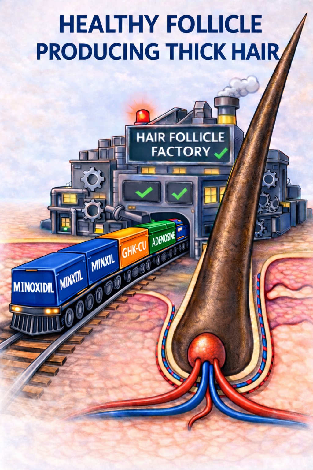 Stimulation - Minoxidil GHK-CU Adenosine trains reaching healthy follicle